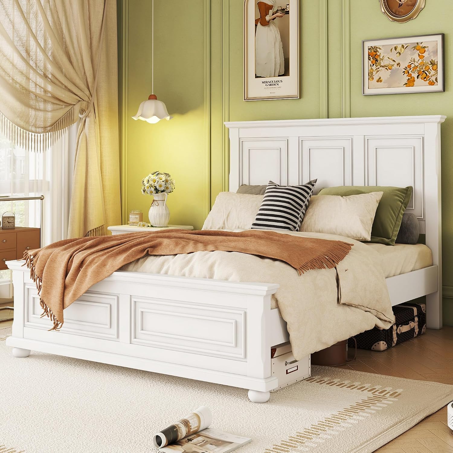 Mirightone Farmhouse Queen Bed Frame with Tall Headboard and Footboard, White Wood Bed Frames Queen with Under Bed Storage, Noise-Free, No Box Spring Needed, White