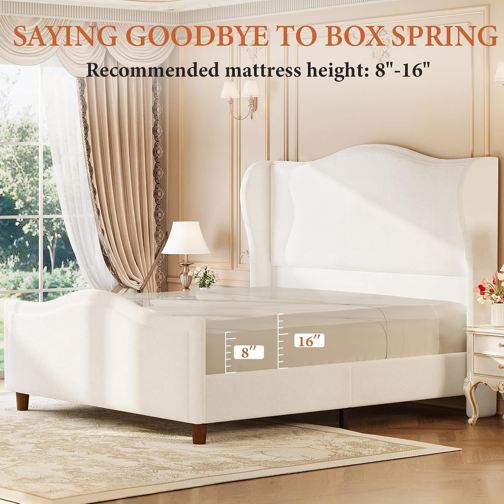 koorlian Queen Bed Frame Chenille Upholstered Platform Bed with Headboard and Footboard, 51' High Deep Tufted Wingback Sleigh Upholstered Bed, Modern Retro Minimalist Style, Easy Assembly, Cream