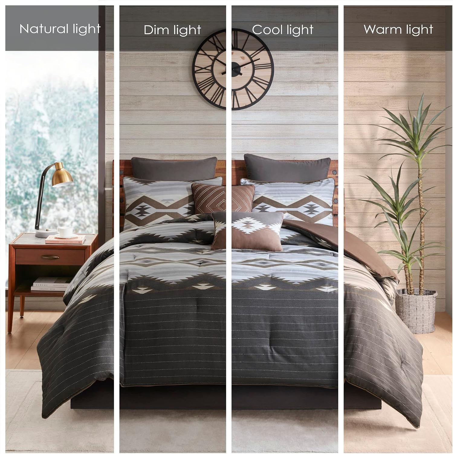 Woolrich Queen Comforter Set, Southwestern Aztec 8 Piece Bedding Set, Oversized All Season Down Alternative Comforter with Shams, Euro Shams, Decorative Pillows & Bedskirt, Rustic Cabin, Grey Brown