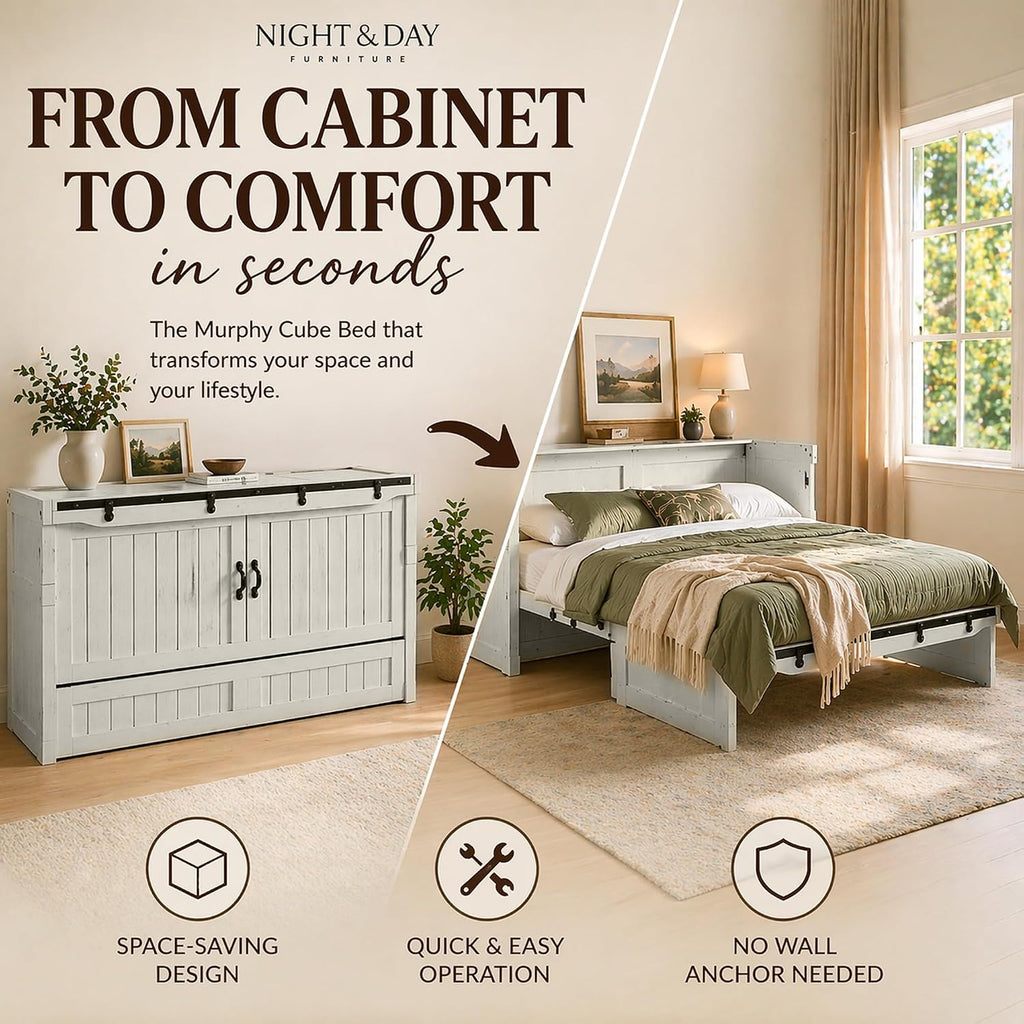 NIGHT & DAY Furniture Rustic Murphy Cube Cabinet Bed (Vintage White w/Ranchero Hardware, Queen)
