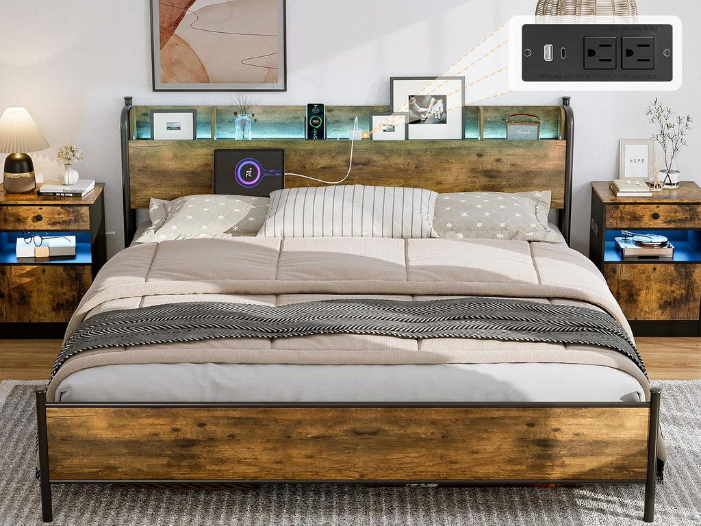 IKIFLY King Size Bed Frame with Storage Shelf Headboard & Charging Station, Industrial Metal King Platform Bed with LED Lights, Strong Metal Slats Support, No Box Spring Needed, Rustic Brown