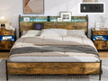 IKIFLY King Size Bed Frame with Storage Shelf Headboard & Charging Station, Industrial Metal King Platform Bed with LED Lights, Strong Metal Slats Support, No Box Spring Needed, Rustic Brown