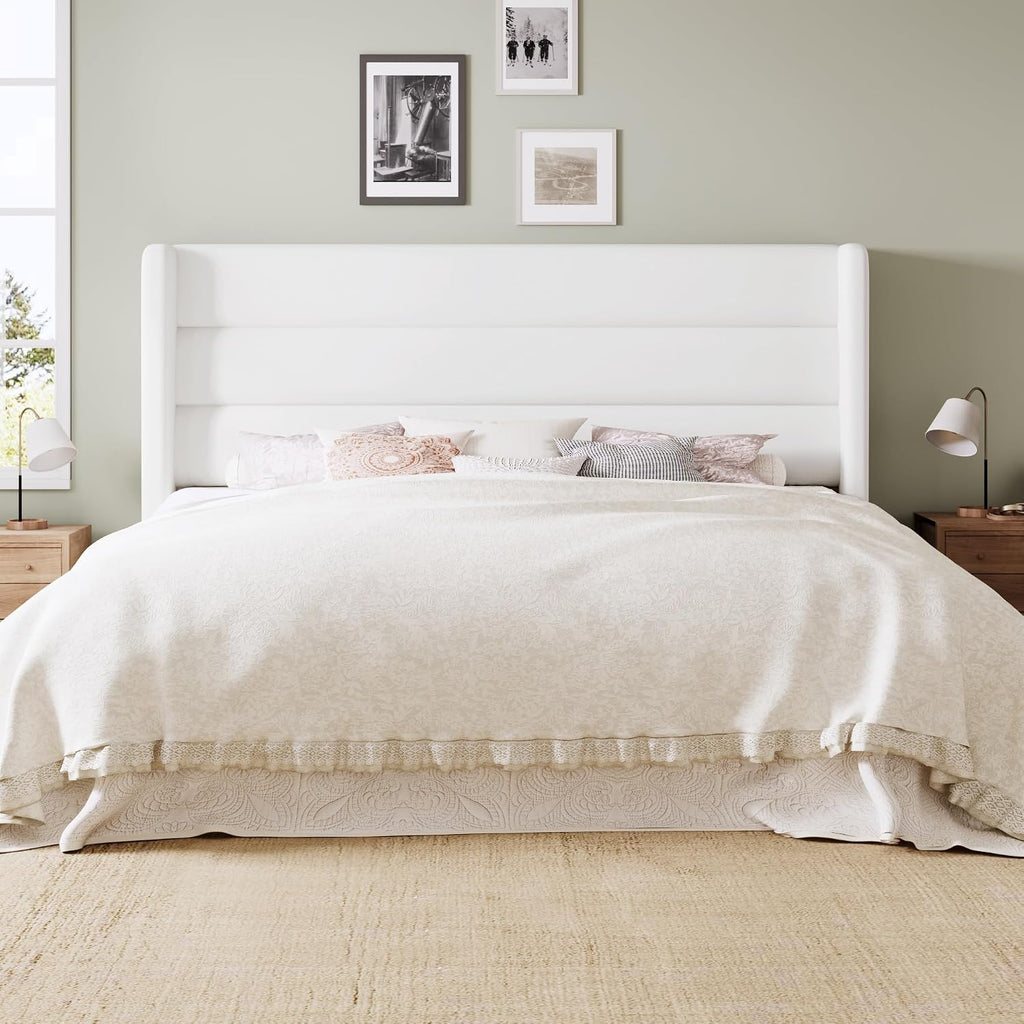 Allewie King Size Platform Bed Frame with Velvet Upholstered Wingback Headboard, No Box Spring Needed, Under Bed Storage Space, Strong Wooden Slats, Modern Mattress Foundation, Easy Assembly, White