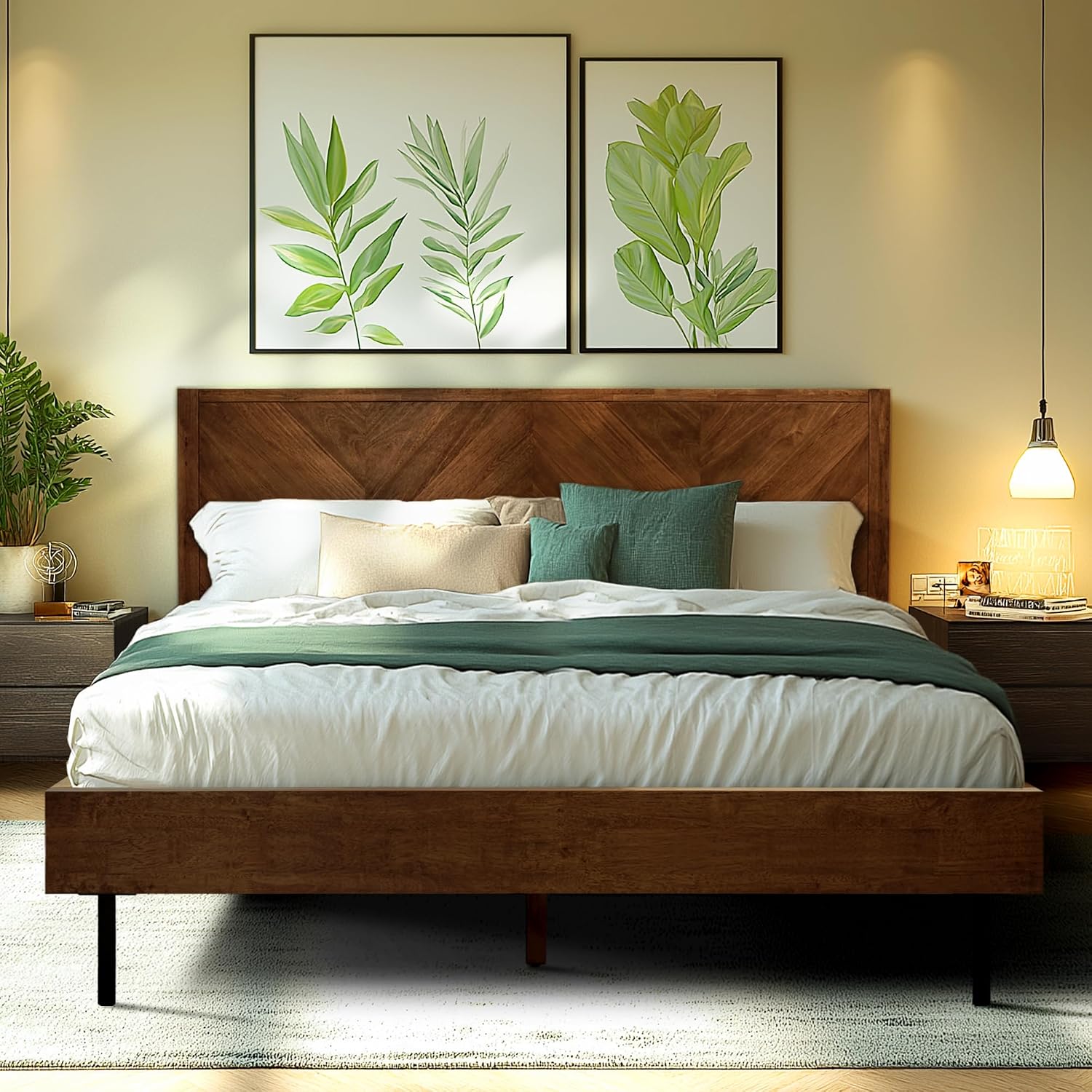 Acacia Alander Bed Frame with Headboard Bed Frame Queen Size Solid Wood Platform Bed, Scandinavian Signature High Headboard Wood Bed Compatible with All Mattress Types, 30 Mins Assembly, Walnut