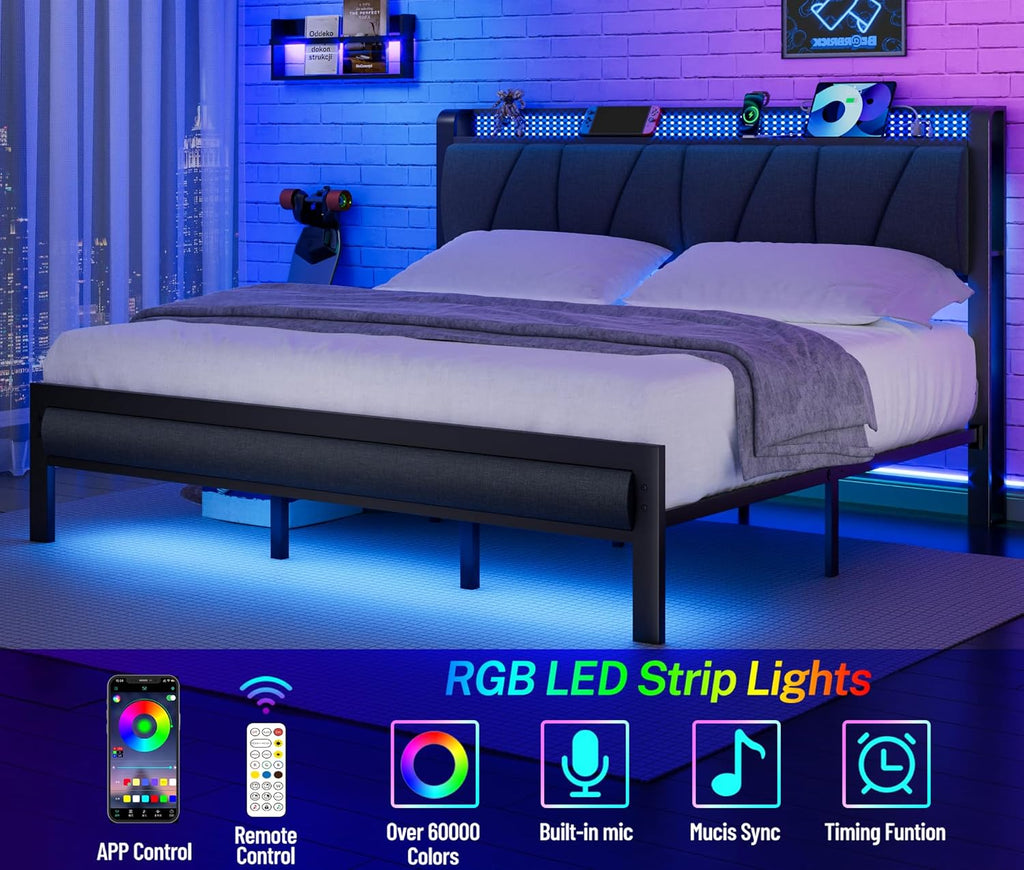 Furnulem King Size Bed Frame with Headboard, LED Light and Charging Station, Metal Platform Bed with Heavy Duty Slats, No Box Spring Needed, Noise Free & Easy Assembly