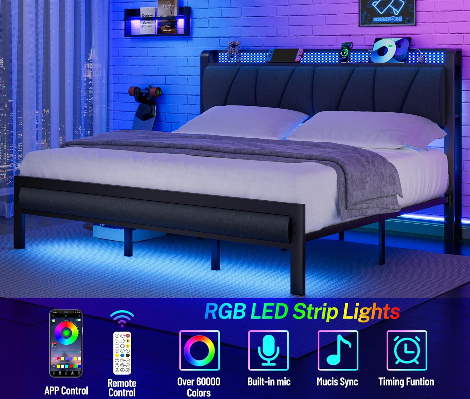 Furnulem King Size Bed Frame with Headboard, LED Light and Charging Station, Metal Platform Bed with Heavy Duty Slats, No Box Spring Needed, Noise Free & Easy Assembly