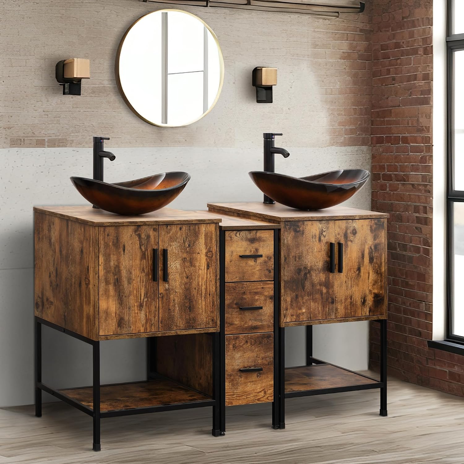 UEV Rustic Brown 60' Double Bathroom Vanity with Sink Combo,Industrial Iron Frame 2 Main Bathroom Vanity with Middle 3 Drawers Cabinet,Modern Brown Boat Tempered Glass Vessel Sink(029BR)
