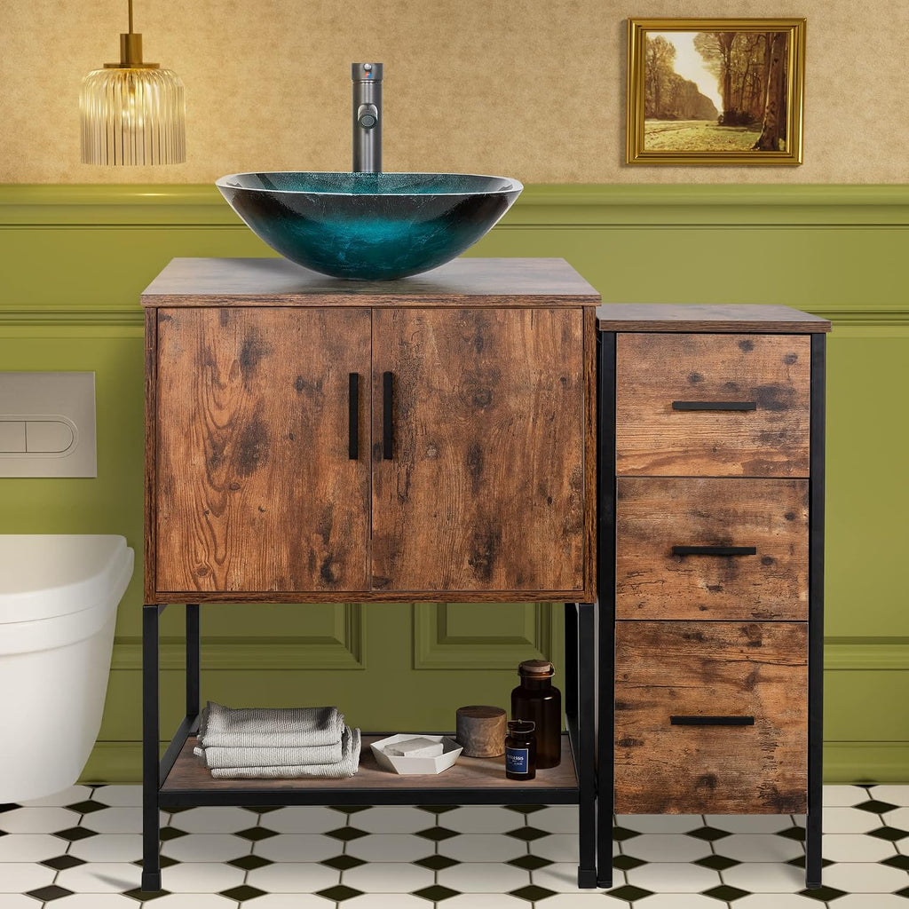 UEV 36' Antique Bathroom Vanity, Dark Brown Bathroom Vanity Set with Sink and 3 Drawers Side Cabinet Combo, Iron Wood Bathroom Cabinet with Adjustable Water Temperature Faucet (A10)