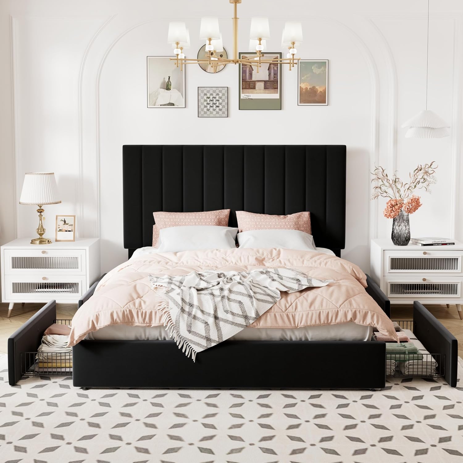 Allewie Full Size Storage Bed Frame, Vertical Channel Tufted Adjustable Headboard, Velvet Upholstered Platform Bed with 4 Oversized Underbed Drawers, Wooden Slats Support, No Box Spring Needed, Black