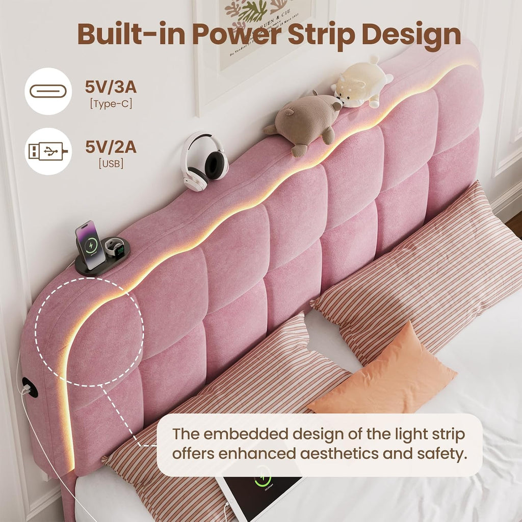 CypBed Queen Size Bed Frame with 4 Storage Drawers & LED Lights, Velvet Upholstered Platform Bed Frame with Charing Station and Adjustable Headboard, Wood Slats Support, No Box Spring Needed, Pink