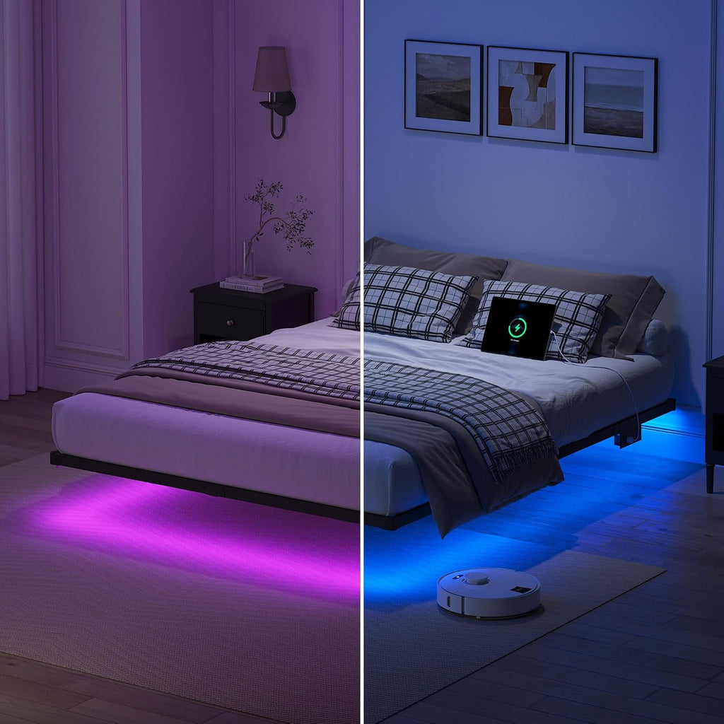 YORMDMO Floating Bed Frame Full Size, Heavy Duty Bedframe with Smart LED Lights & Charging Station, Modern Metal Platform Bed, Easy Assembly No Box Spring Needed, 10 Inch
