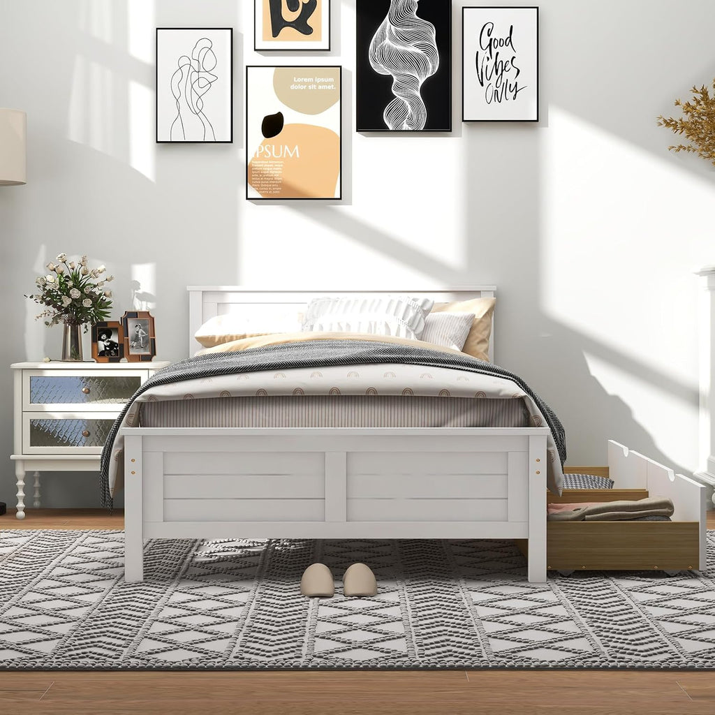 GOFLAME Twin Size Bed Frame with 2 Drawers, Platform Bed with Solid Wood Headboard & Footboard, Wood Slats Support Mattress Foundation, Under Bed Storage, No Box Spring Needed, Easy Assembly, White