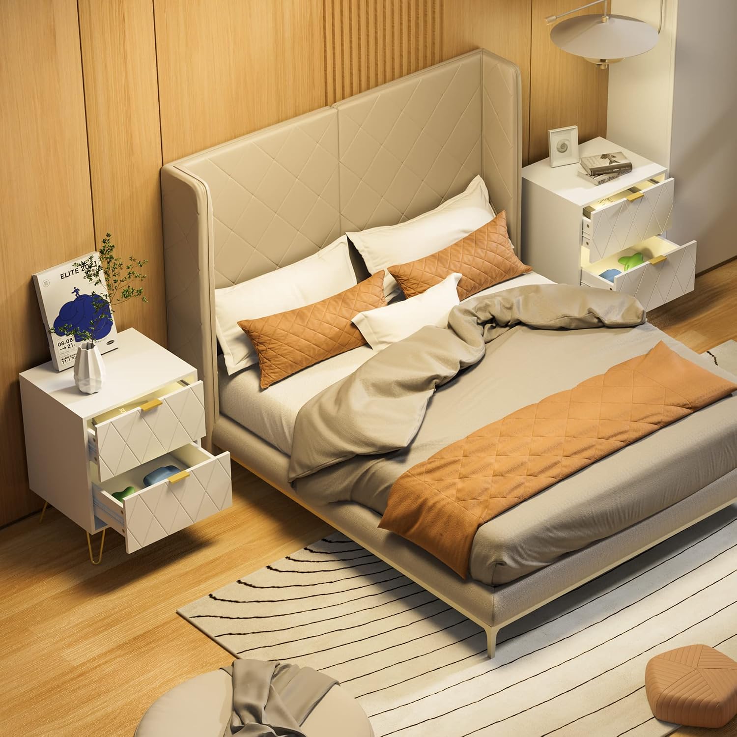 Anbuy Bedroom Sets 3 Pieces White Modern Nightstands and 9 Drawer Dresser Sets Bedside Table Set Bedroom Set 3 Pcs White