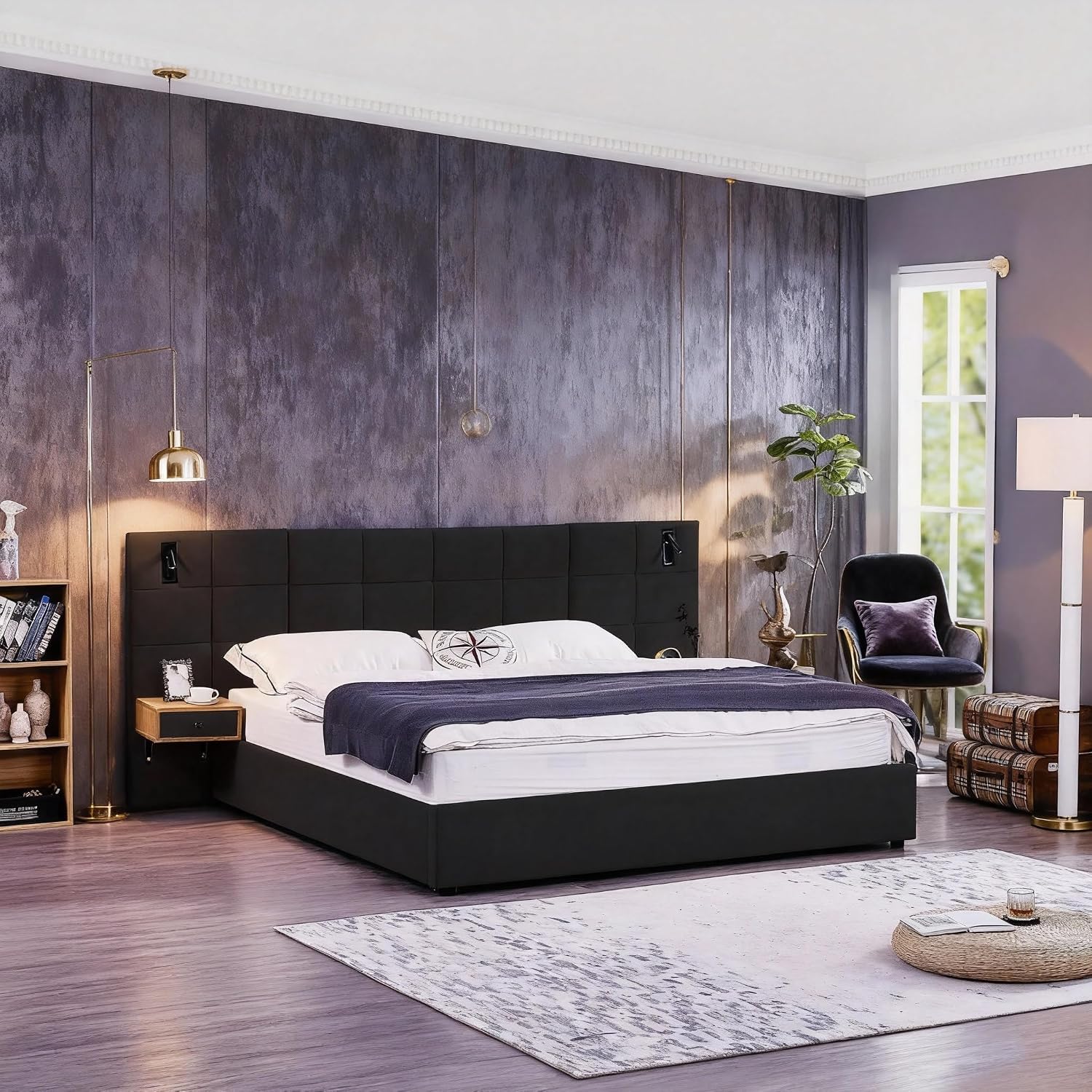 Luxury Velvet King Size Bed Frame with Hydraulic Lift and Storage, Built-in LED Lights, USB Charging Station & 2 Shelves, No Box Spring Needed Platform Bed (Black)