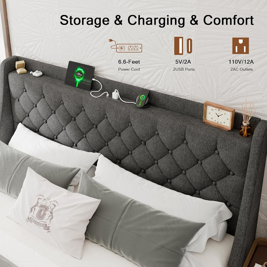 Einhomn Upholstered King Size Bed Frame with 4 Storage Drawers, Platform Bed Frame with Wingback Headboard, Charging Station, No Box Spring Needed, Dark Grey