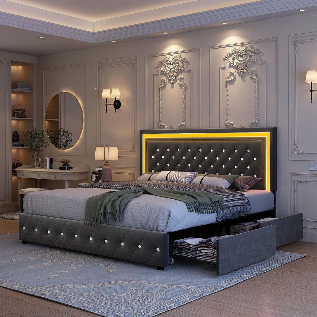 GEGOFORU Full Bed Frame with LED Lights, Storage Drawers, No Box Spring Needed, 900 lbs Capacity, Easy Assembly, Velvet Grey