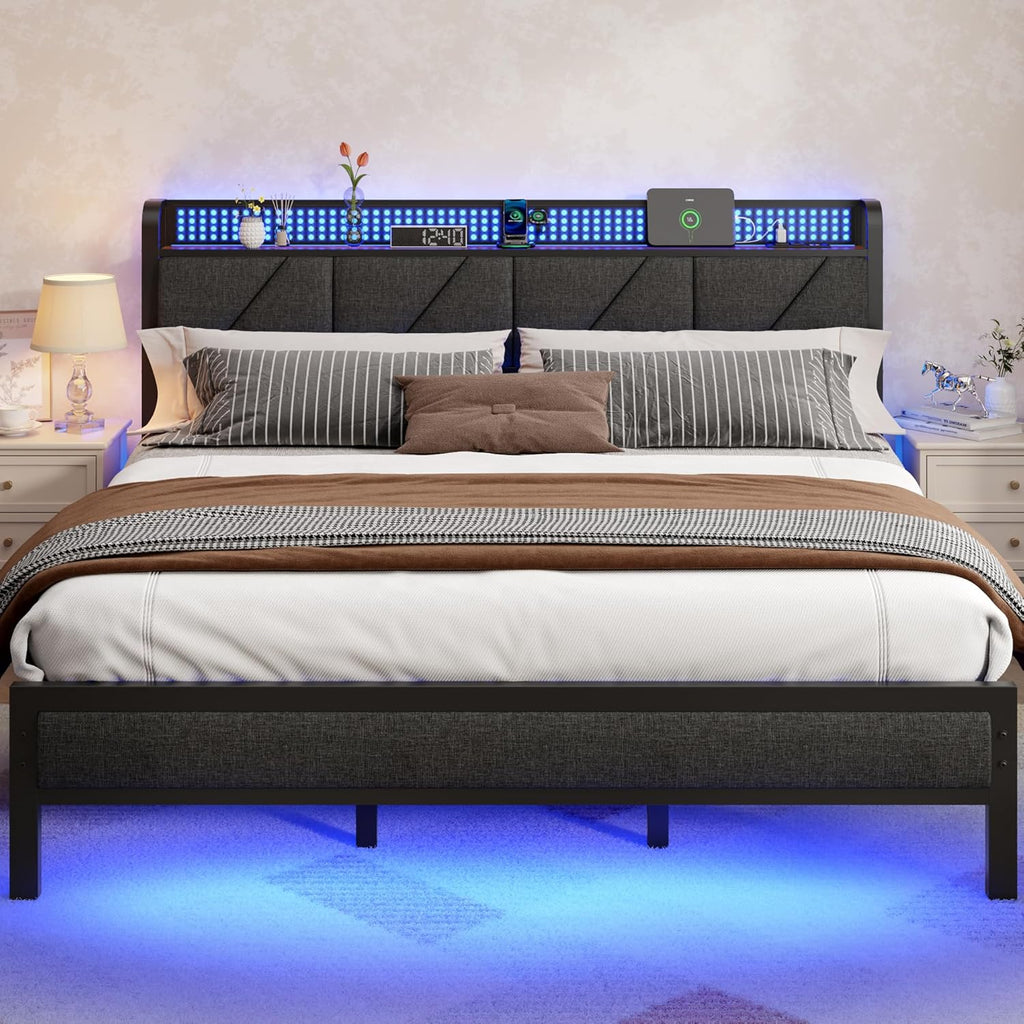 Furnulem King Size Bed Frame with Headboard, LED Light and Charging Station, Metal Platform Bed with Heavy Duty Slats, No Box Spring Needed, Noise Free & Easy Assembly