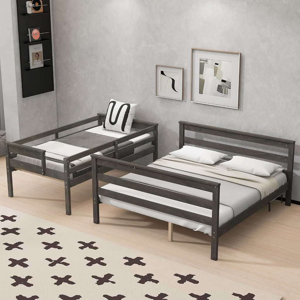 Harper & Bright Designs Detachable Design Twin XL Over Queen Bunk Bed with Ladder,Wood Twin-Over-Queen Bunk Bed Frame with Guardrail,Separated into 2 Beds,Gray