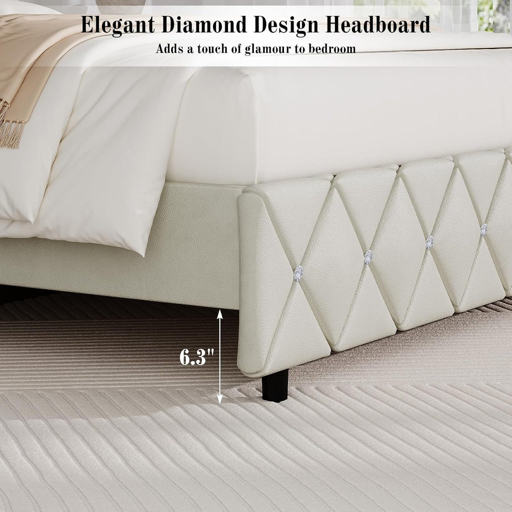 BarnFurin Queen Bed Frame with Diamond Tufted Headboard, Faux Leather Upholstered Bed with Wooden Slats Support, No Box Spring Needed, Mattress Foundation, Easy Assembly, Cream