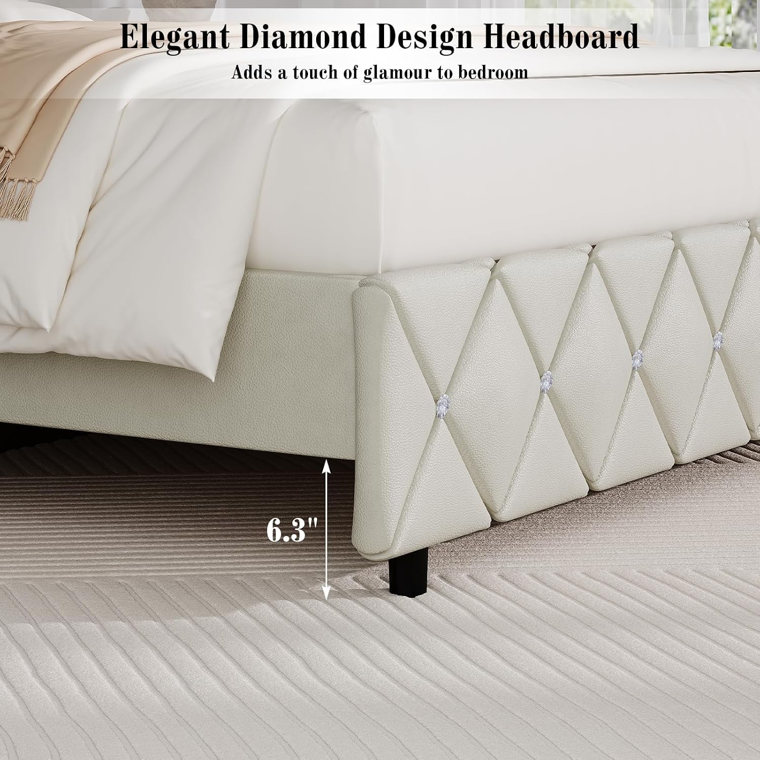 BarnFurin Queen Bed Frame with Diamond Tufted Headboard, Faux Leather Upholstered Bed with Wooden Slats Support, No Box Spring Needed, Mattress Foundation, Easy Assembly, Cream