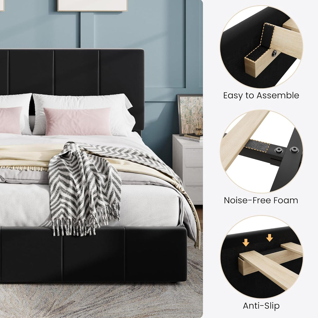 SHA CERLIN Full Size Bed Frame, Velvet Upholstered Platform Bed, Vertical Channel Tufted Adjustable Headboard, Low Profile Bed Frame, No Box Spring Needed, Easy Assembly, Black