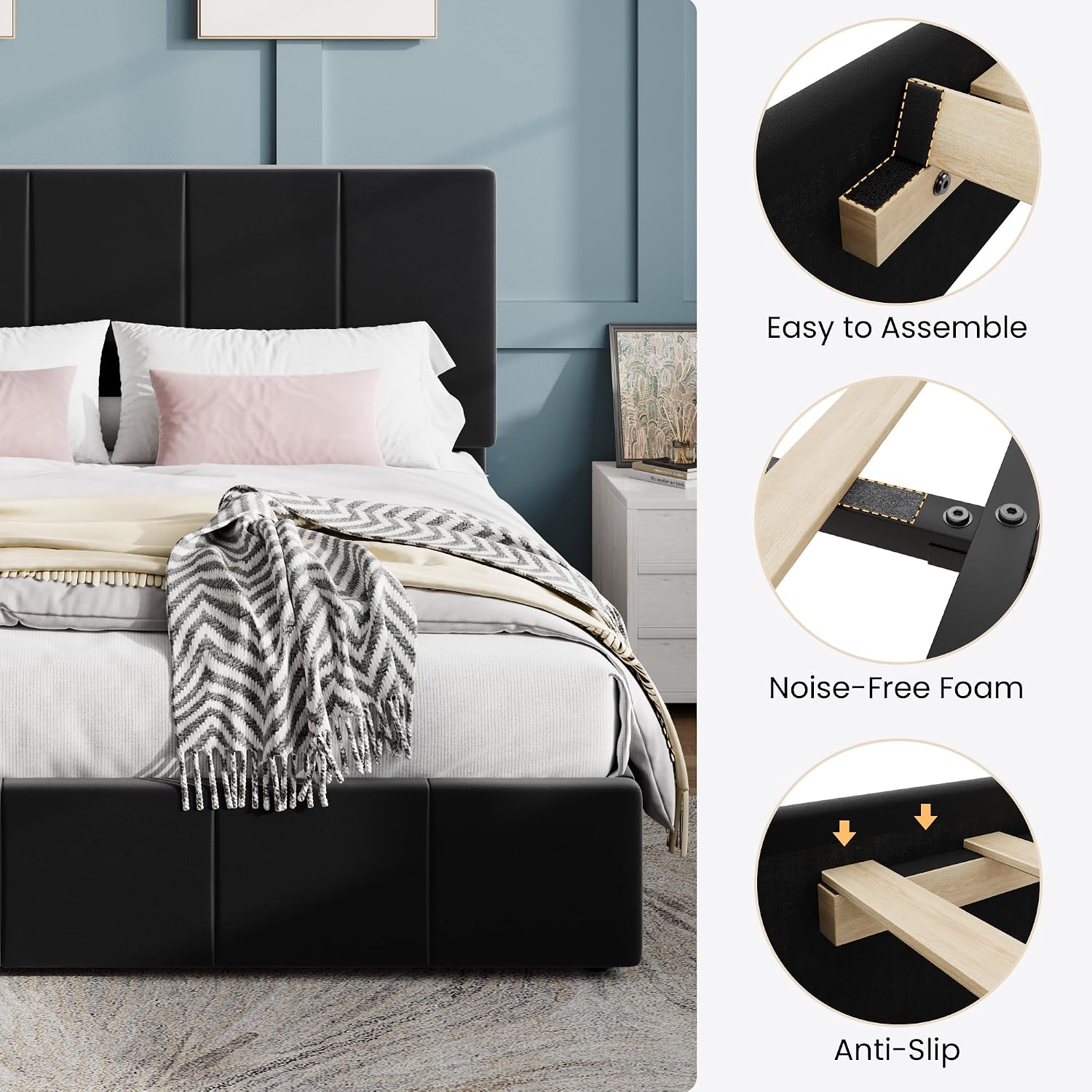 SHA CERLIN Queen Bed Frame, Dutch Velvet Upholstered Platform Bed, Vertical Channel Tufted Adjustable Headboard, Low Profile Bed Frame, No Box Spring Needed, Easy Assembly, Black