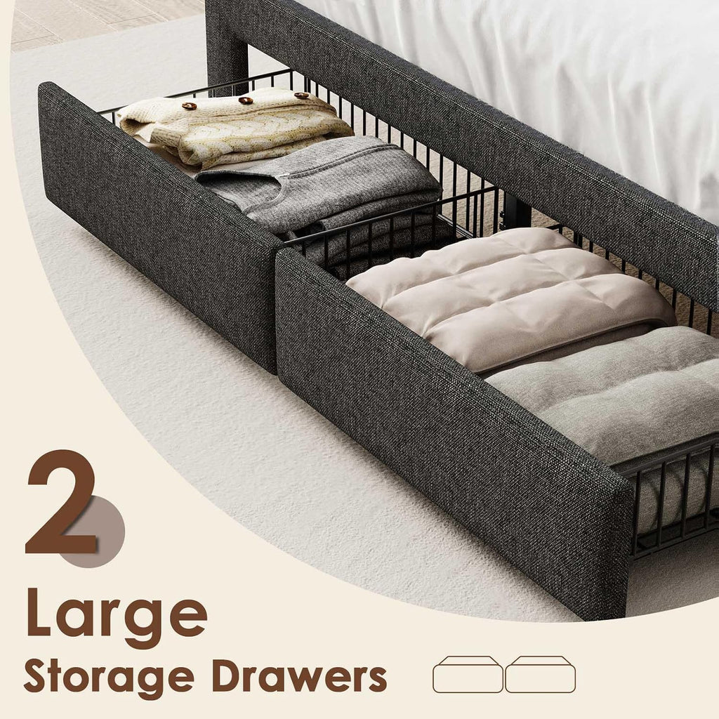 Driftalia LED Full Size Bed Frame with 2 Storage Drawers, Upholstered Full Bed Frame with Headboard and Charging Station, No Box Spring Needed, Easy to Assembly-Dark Grey