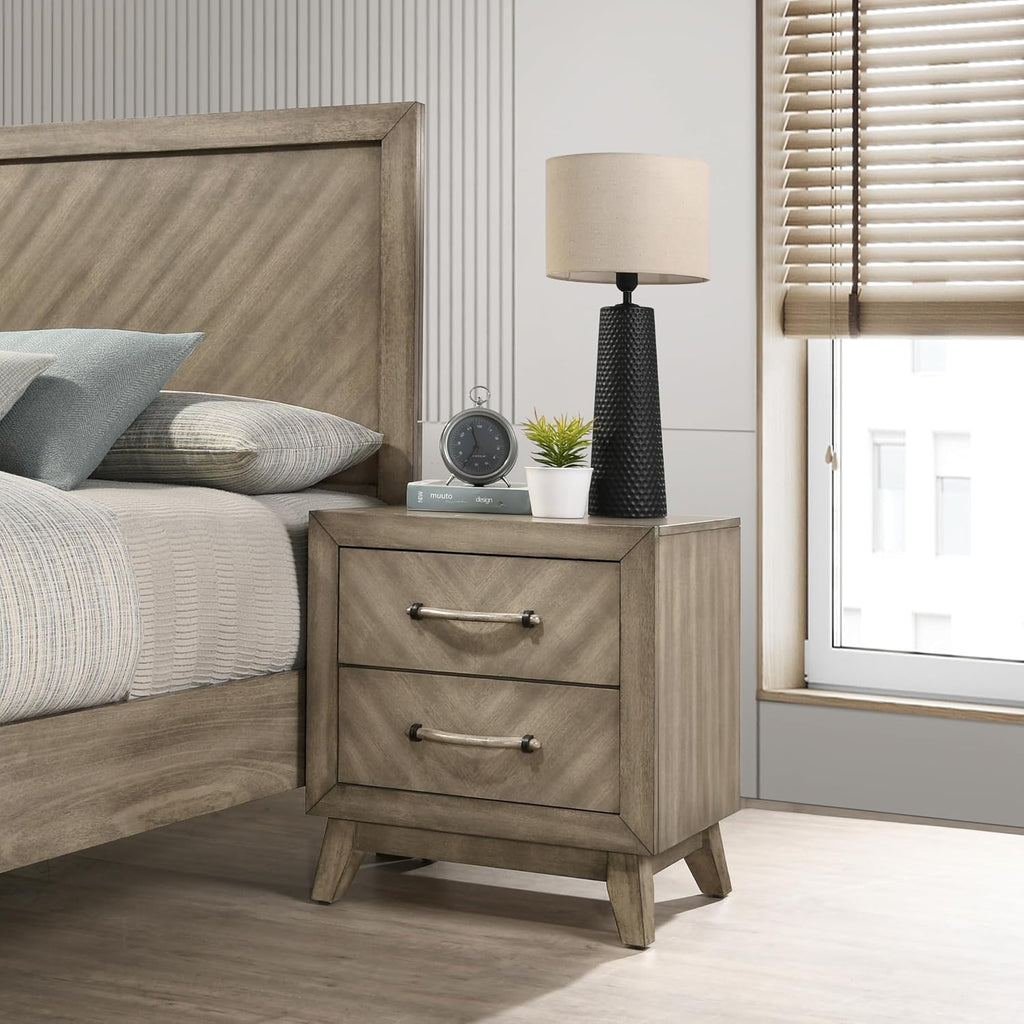 Roundhill Furniture Arena 3-Piece Contemporary Wood Bedroom Set: Panel Bed and 2 Nightstands in Weathered Sand, King