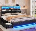 BTHFST LED Bed Frame Full Size with Charging Station & 4 Drawers, Full Size Bed Frame with Headboard Storage, Upholstered Metal Bed Full, No Box Spring Needed, Black PU