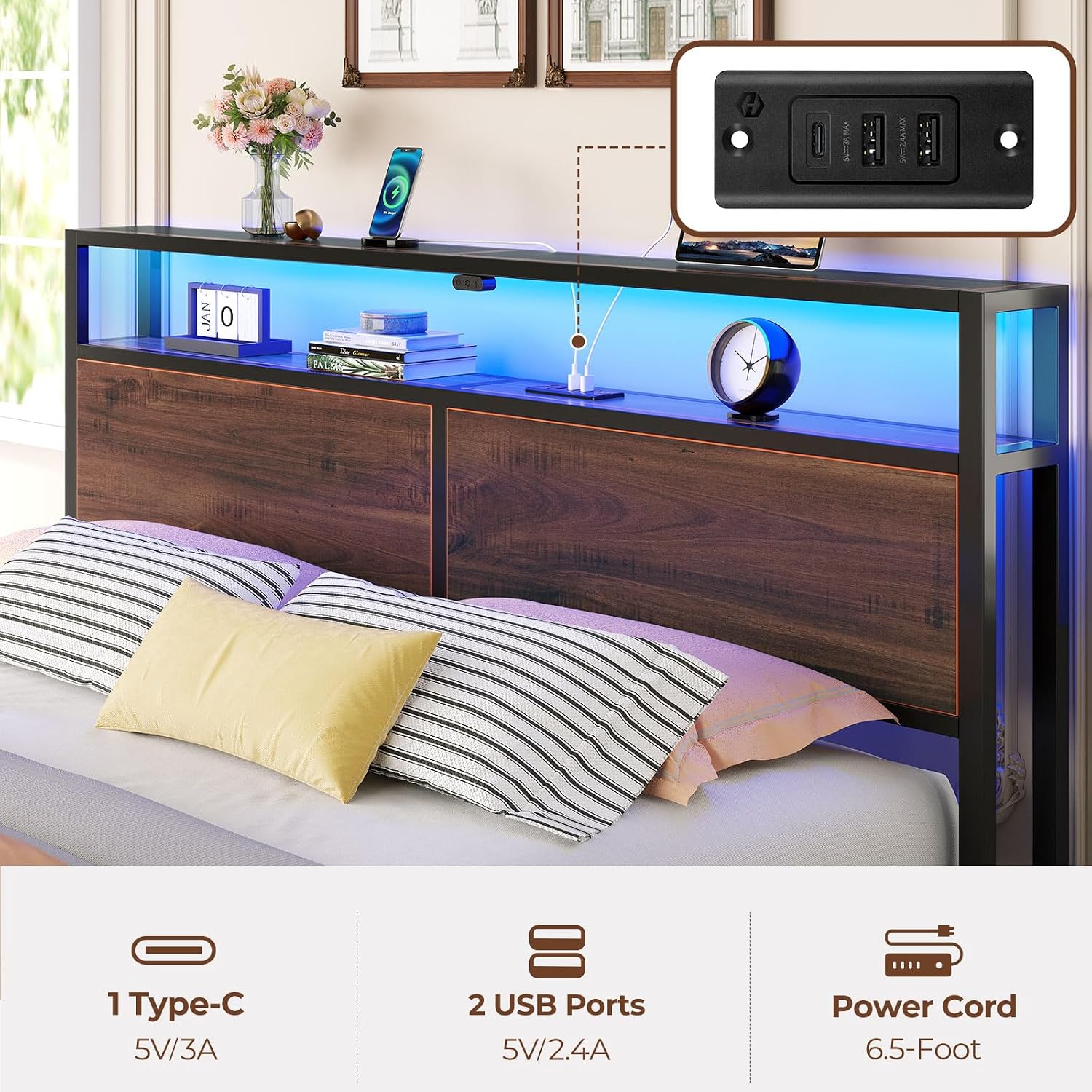 Rolanstar Full Size Bed Frame with 4 Storage Drawers & 2-Tier Storage Headboard, Metal Platform Bed Frame with Charging Station & LED Lights, Noise-Free, No Box Spring Needed, Easy Assembly, Espresso