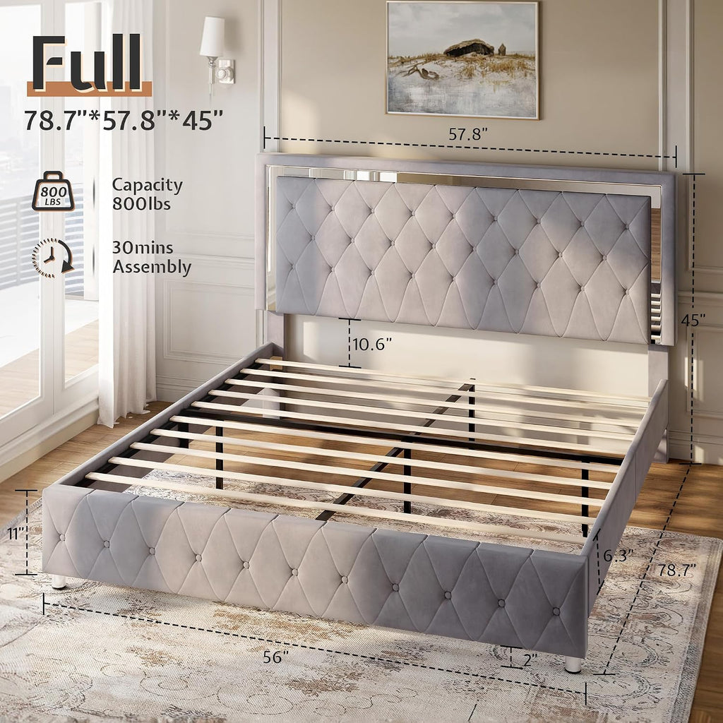 Jocisland Full Bed Frame with LED Lights Headboard&Footboard, Velvet Upholstered Full Size Platform Bed Frame No Box Spring Needed/Light Grey