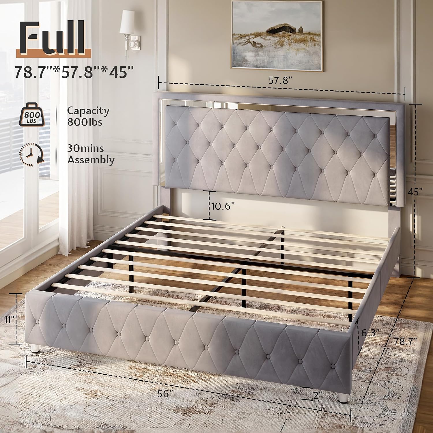 Jocisland Full Bed Frame with LED Lights Headboard&Footboard, Velvet Upholstered Full Size Platform Bed Frame No Box Spring Needed/Light Grey
