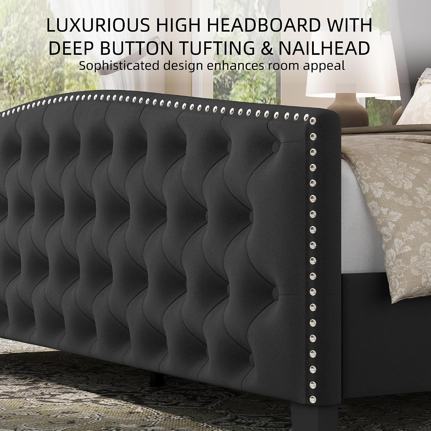 BRELTAM Upholstered Queen Size Bed Frame Velvet Tufted Platform Bed Frame with Wingback Headboard & Footboard, with Deep Button Tufted & Nailhead Wooden Slats Support, No Box Spring Needed,Grey