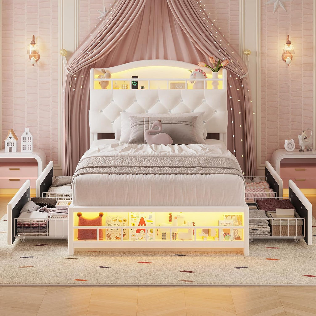 HAUOMS Twin Size Bed Frame with LED Lights & 4 Drawers, Princess Velvet Upholstered Platform Bed for Girls, Headboard with Charging Station & Guardrail & Crystal Button, No Box Spring Needed, Beige
