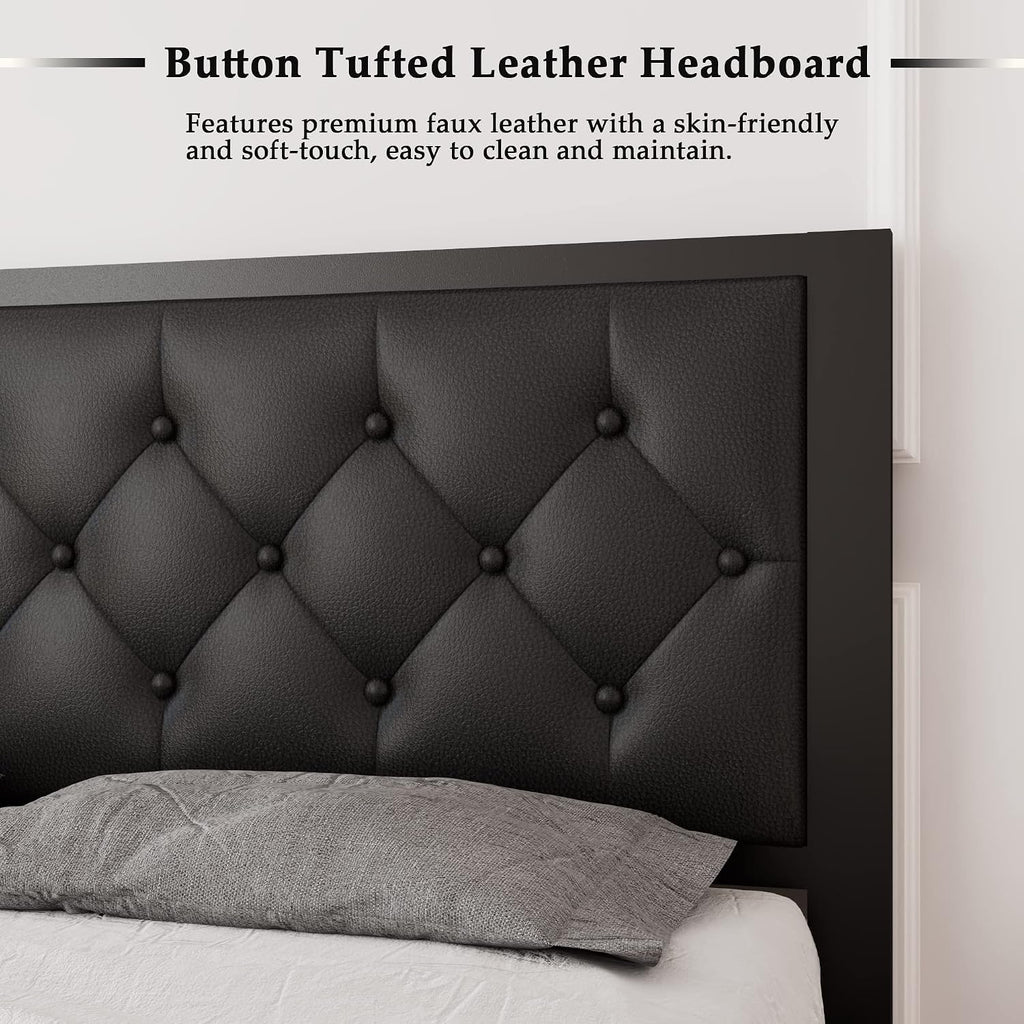 Feonase Full Size Metal Bed Frame with Faux Leather Button Tufted Headboard, Heavy-Duty Platform Bed Frame with 12' Storage, Steel Slats Support, No Box Spring Needed, Noise Free, Black