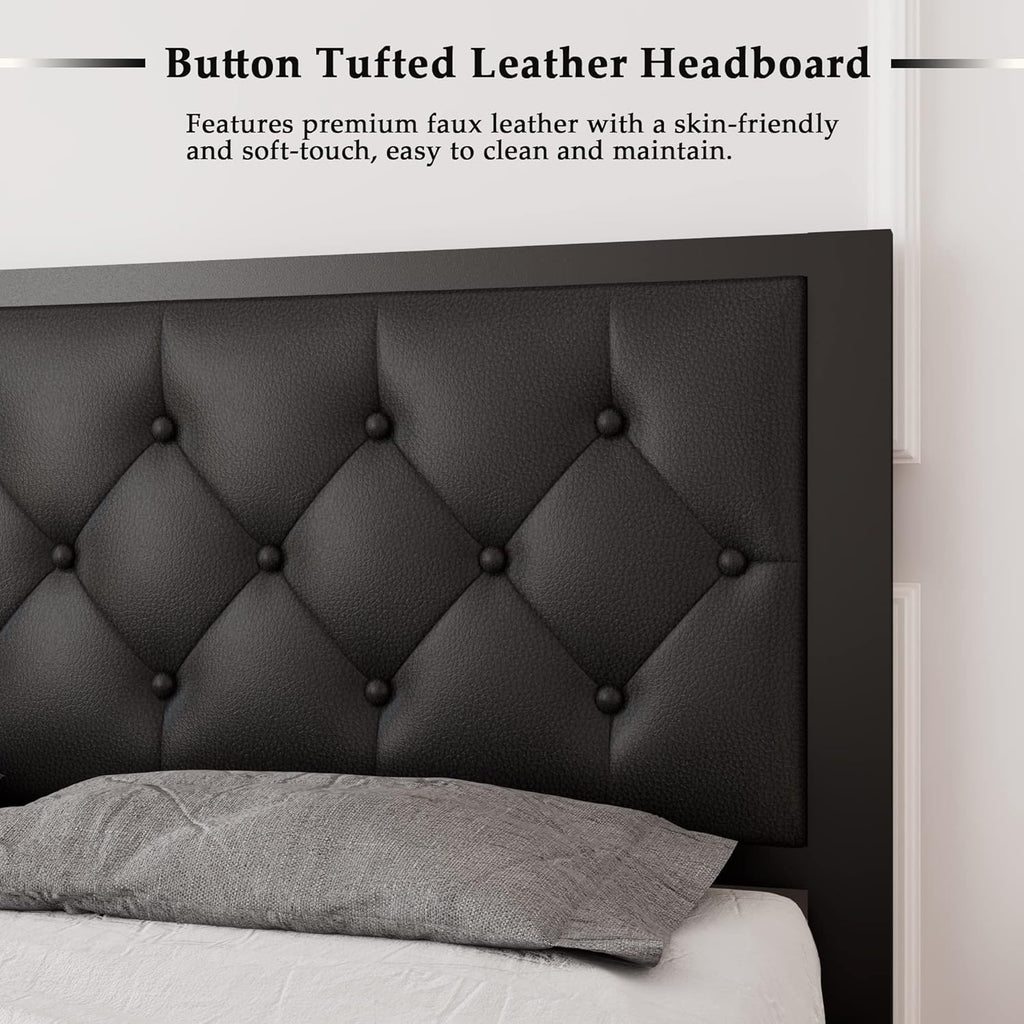 Feonase Queen Size Metal Bed Frame with Faux Leather Button Tufted Headboard, Heavy-Duty Platform Bed Frame with 12' Storage, Steel Slats Support, No Box Spring Needed, Noise Free, Black