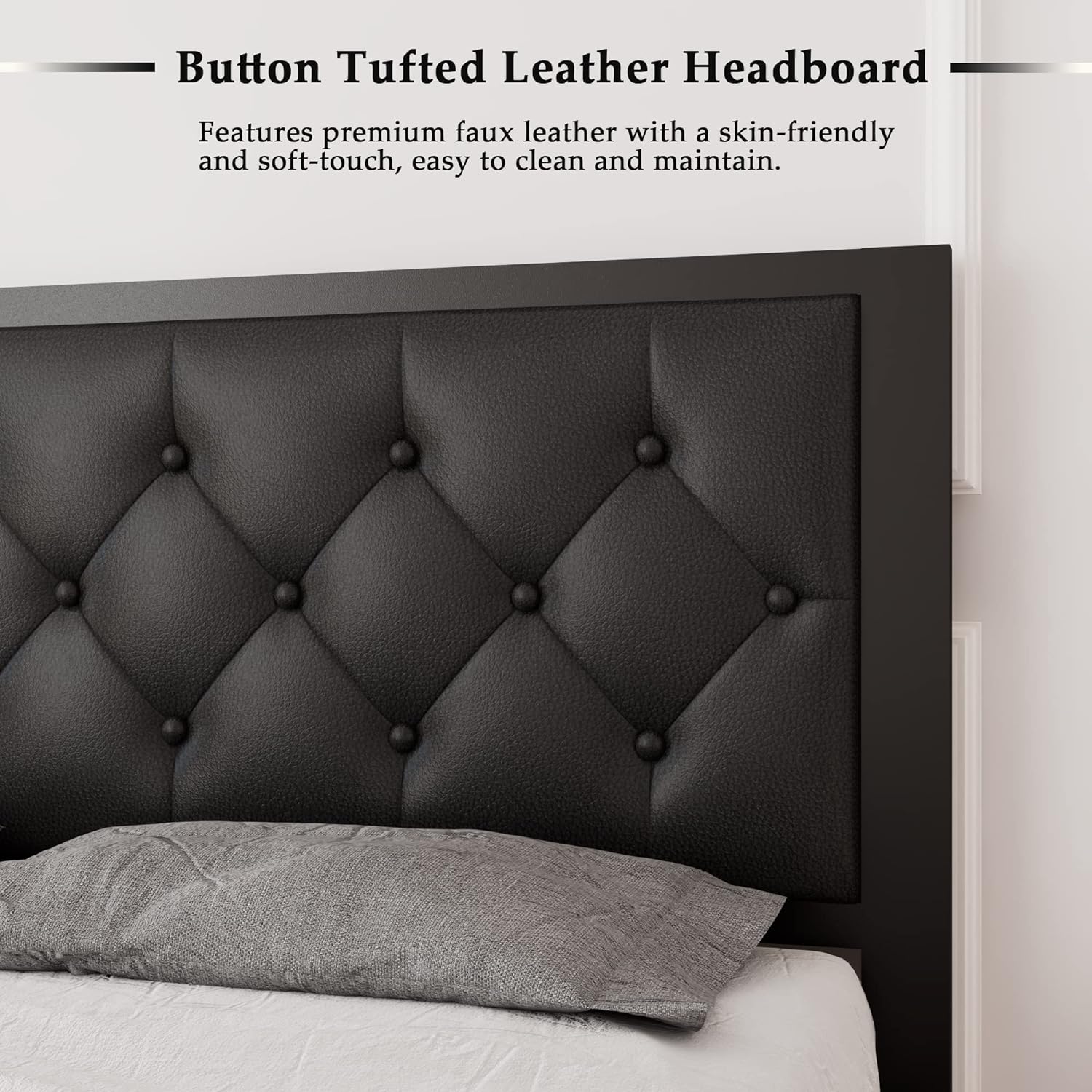 Feonase Queen Size Metal Bed Frame with Faux Leather Button Tufted Headboard, Heavy-Duty Platform Bed Frame with 12' Storage, Steel Slats Support, No Box Spring Needed, Noise Free, Black