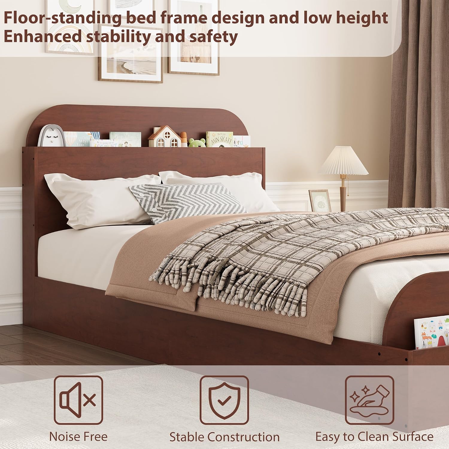 GarveeHome Twin Size Bed Frame, Wooden Beds with Storage Headboard and Raised-Foodboard for Kid, Twin-Floor Low Platform Bed for Bedroom, Sturdy Wooden Slats Support, No Box Spring Needed, Espresso