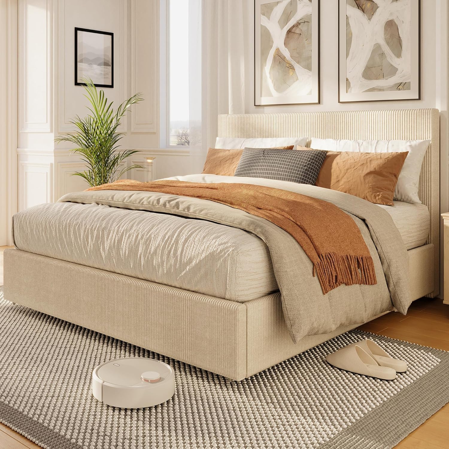 IDEALHOUSE Queen Bed Frame with Tufted Wingback Headboard, Platform Corduroy Upholstered Bed Frame with 4 Storage Drawers and Wooden Slats Support, No Box Spring Needed, Beige