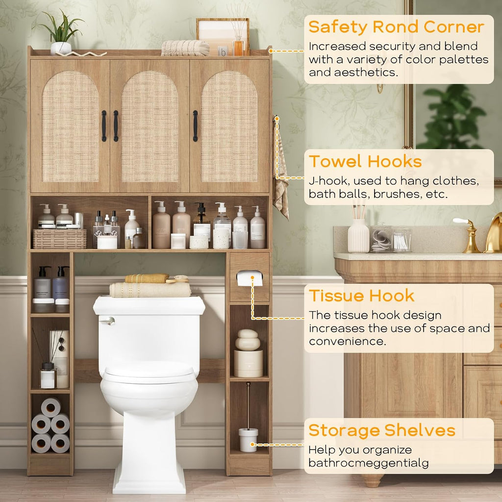 Vabches Over The Toilet Storage Cabinet,Farmhouse Over Toilet Bathroom Organizer with 3 Barn Doors & Toilet Paper Holder Stand,Home Space-Saving Toilet Rack with Shelves，for Bathroom,Restroom,Laundry