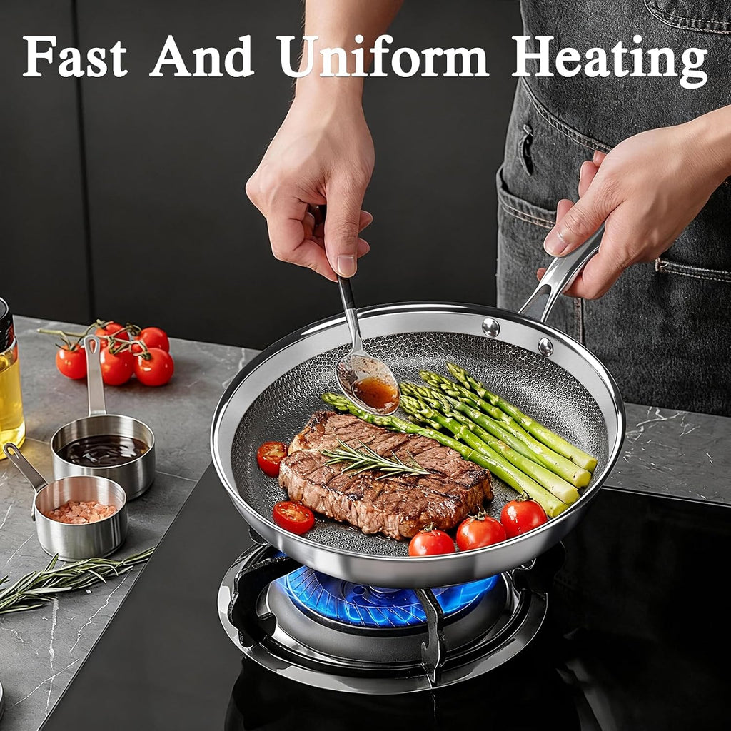 GiPP Tri-Ply Stainless Steel Frying Pan, 10 inch Hybrid Frying Pans Nonstick Skillets, Dishwasher and Oven-Safe, Induction Ready, Compatible with All Cook tops, PFOS/PFOA Free