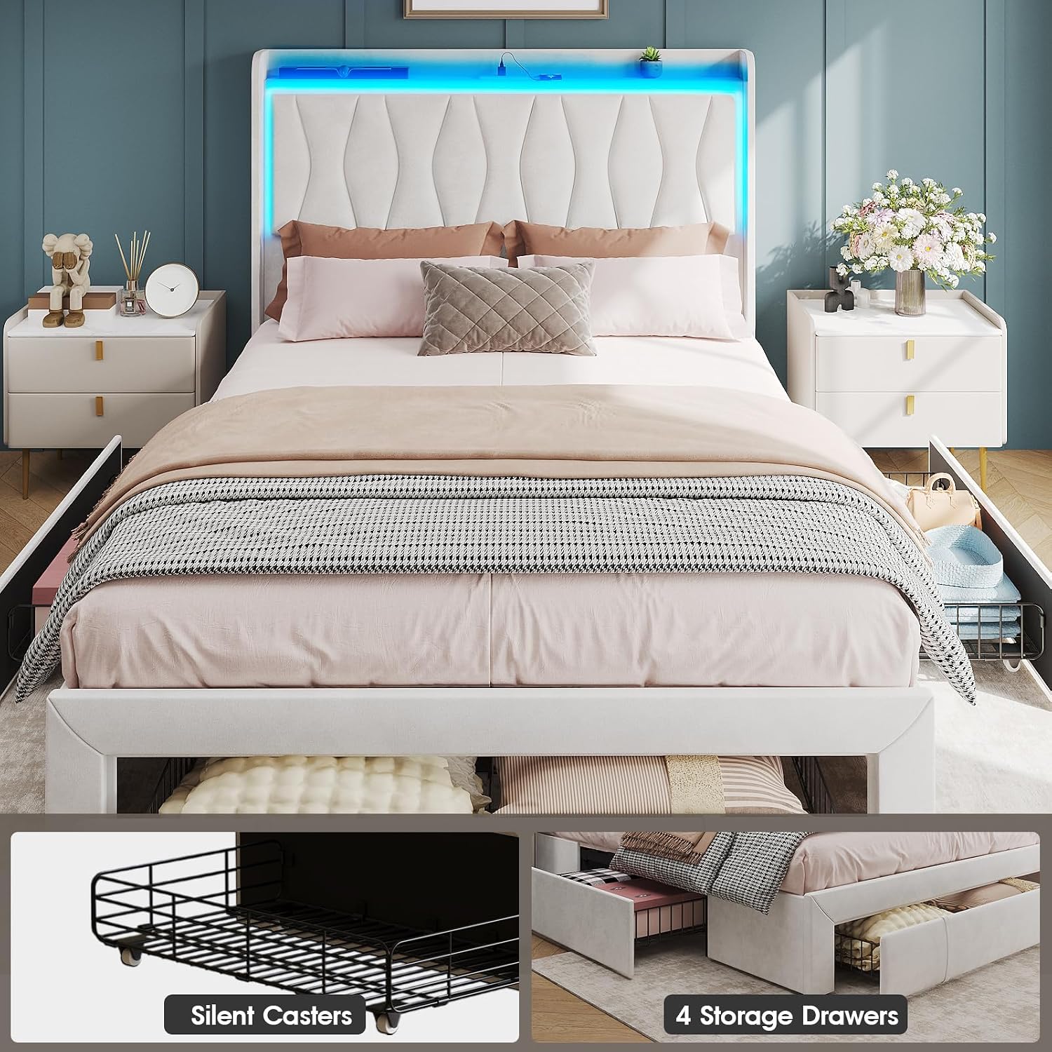 Fameill Full Size Bed Frame with LED Light and 3 Drawers Storage, Upholstered Velvet Platform Bed Frame with Charging Station, Wingback Tall Headboard, No Box Spring Needed, Beige