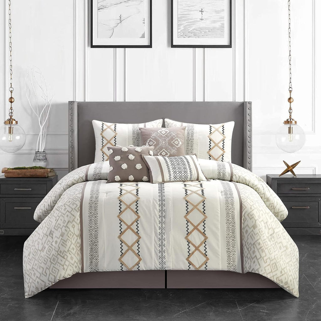 Grand Avenue Luxury 7 Piece Cozy Boho Comforter Set California King Beige Embroidered Girls Bedding Premium Microfiber All Season Home Décor