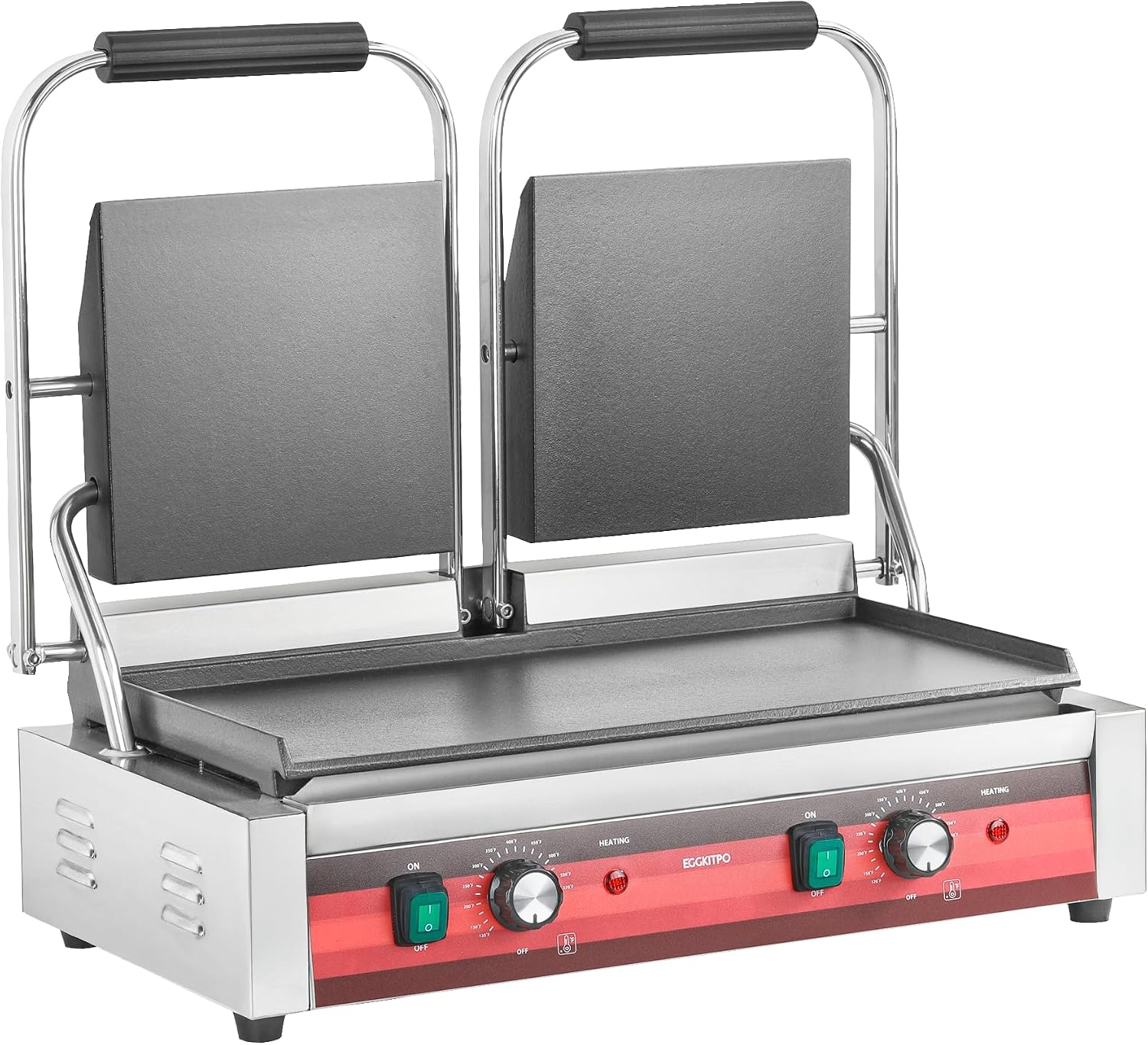 EGGKITPO Commercial Dual Panini Press with 2 Flat Plates Electric Panini Grill with Temperature Control and Handle 19.5' ×9.4' Large Cast Iron Sandwich Maker for Kitchen Business 110V 3400W