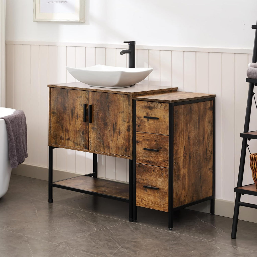 UEV 42' Rustic Brown Bathroom Vanity with Sink Combo,Industrial Iron Frame Bathroom Cabinet Sets with 3 Drawers Side Cabinet,Modern Artistic Ceramic Vessel Sink(032WH)