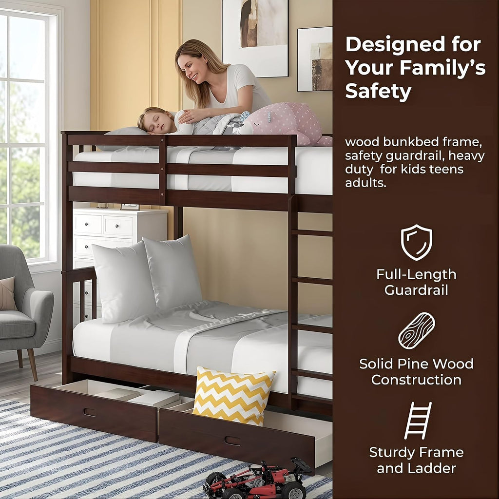 Harper & Bright Designs Twin-Over-Twin Bunk Bed with Two Storage Drawers, Solid Wood Twin Size Bunk Bed with Guardrial and Removble Ladder, Can be Converted Into 2 Separate Beds, Espresso