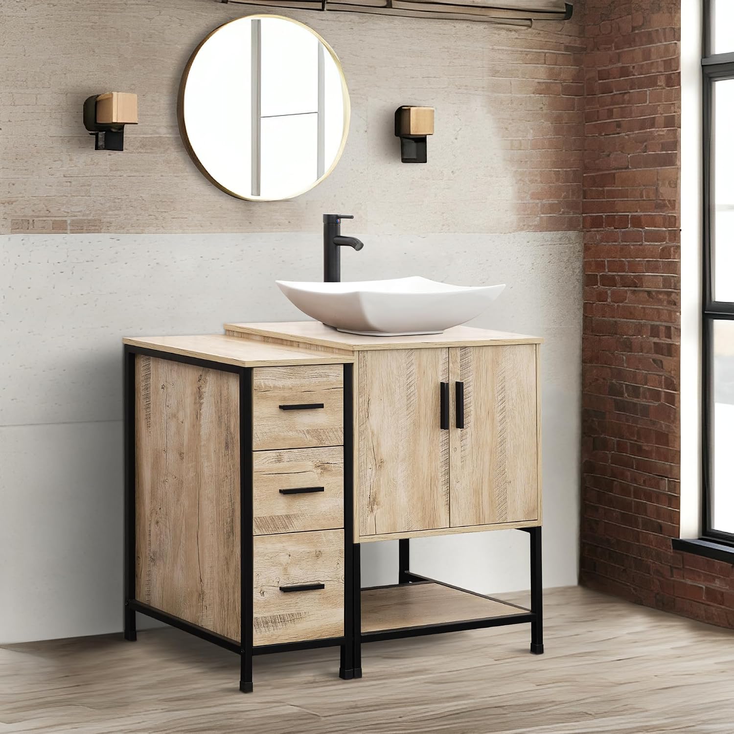 UEV 36' Rustic Oak Bathroom Vanity with Sink Combo,Industrial Iron Frame Bathroom Cabinet Sets with 3 Drawers Side Cabinet,Modern Artistic Ceramic Vessel Sink(032WH)