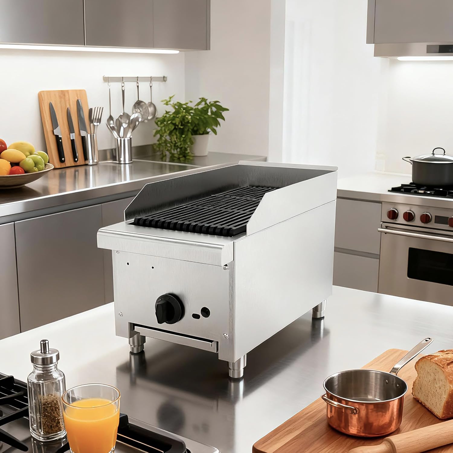 12 Inch Commercial Gas Lava Rock Charbroiler, Stainless Steel Countertop Grill with 1 Burner, Restaurant BBQ Broiler with Durable Cast Iron Grates, Natural Gas/Propane, 28000 BTU
