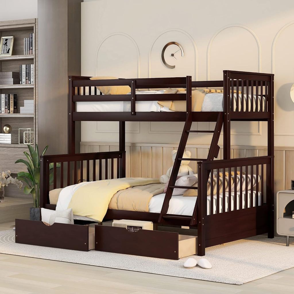 Harper & Bright Designs Twin Over Full Bunk Bed with Two Storage Drawers,Guardrails and Ladder,Solid Wood Bunk Bed Convertible to 2 Separated Platform Beds (Espresso)