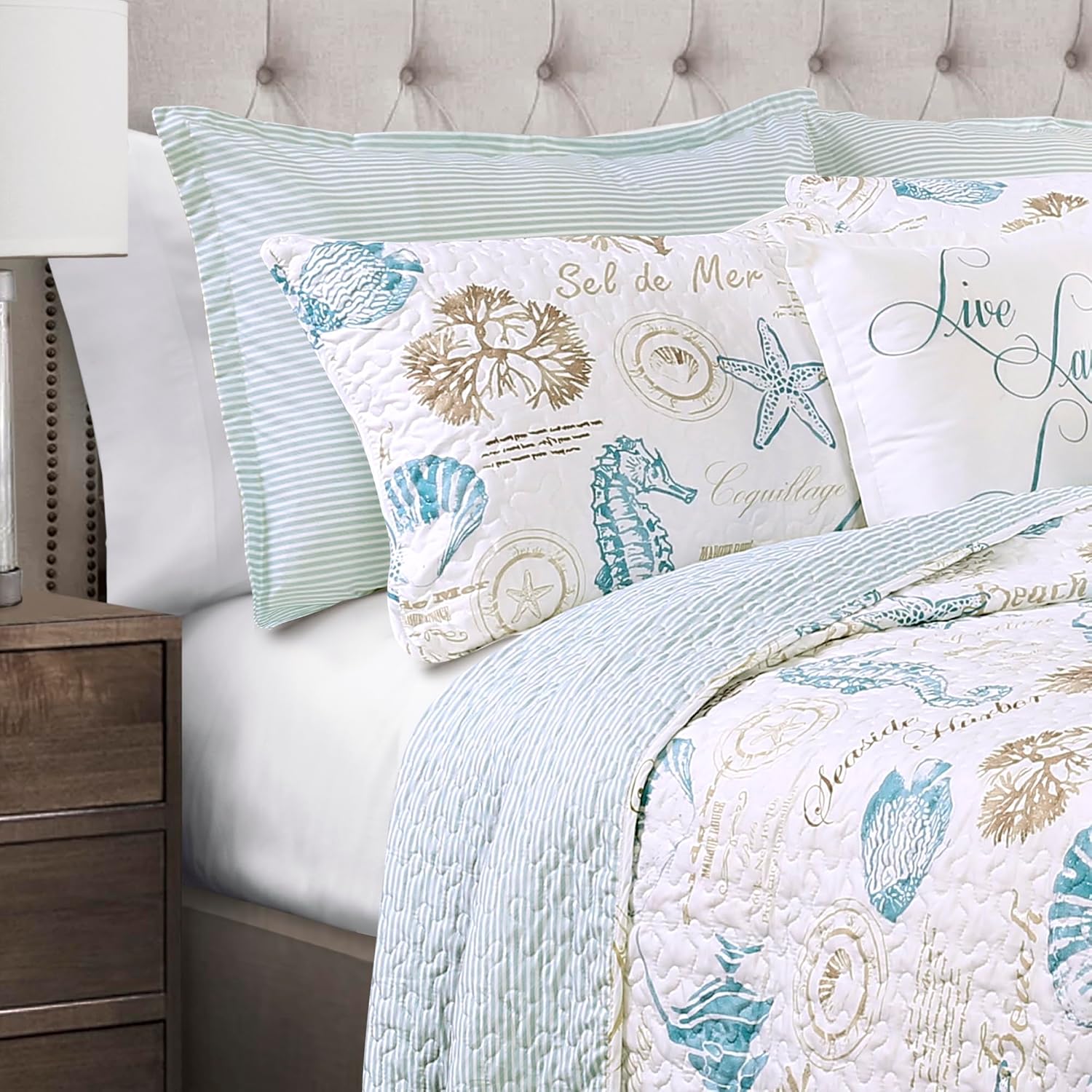 Lush Decor Harbor Life Reversible Quilt Set, 7 Piece Set, Full/ Queen, Blue & Taupe - Blue Quilt Queen Bedding Set - Coastal Decor - Nautical Bedding - Beach House